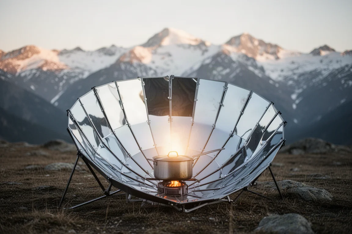 Foldable mirrored solar cooker panel angled toward bright sunlight in an open outdoor space