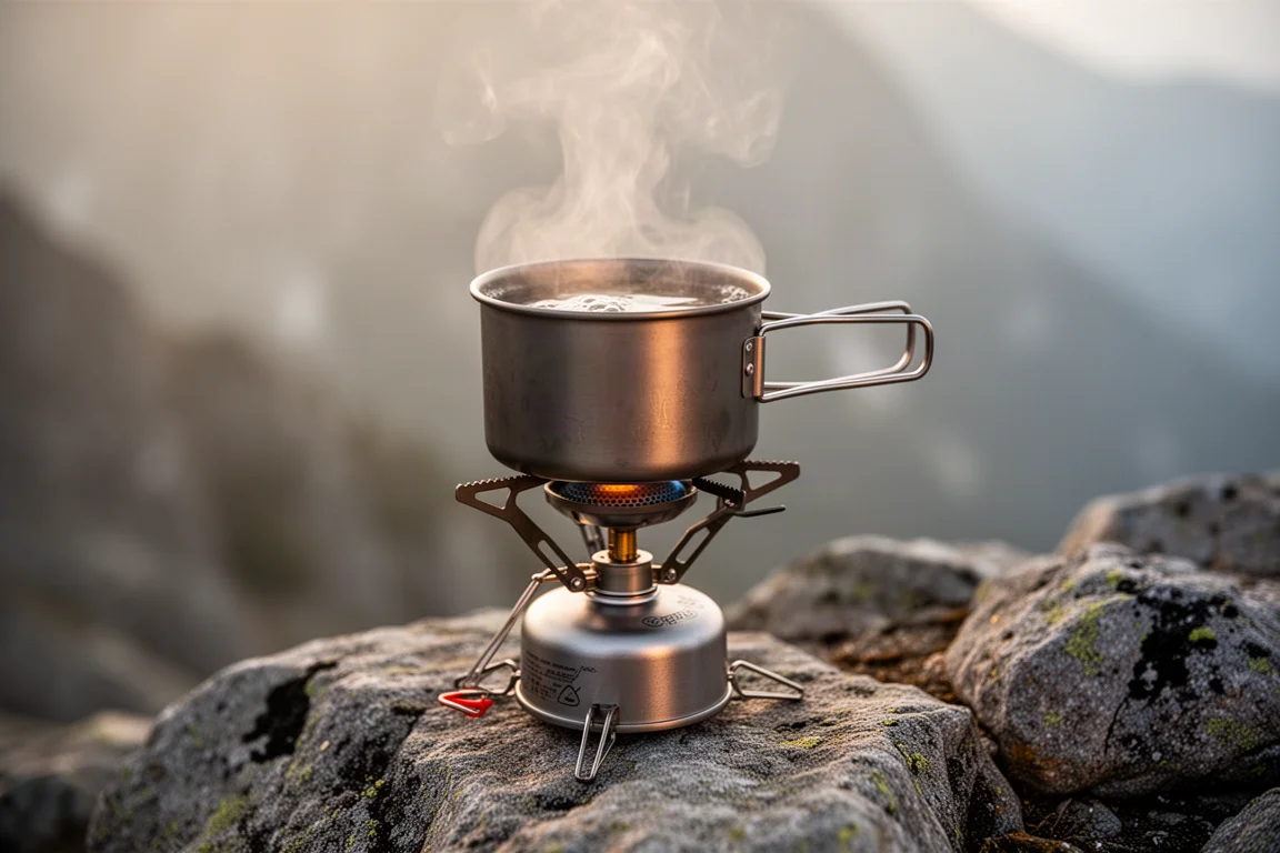Steam rising from a small camping pot boiling on a compact stove at altitude