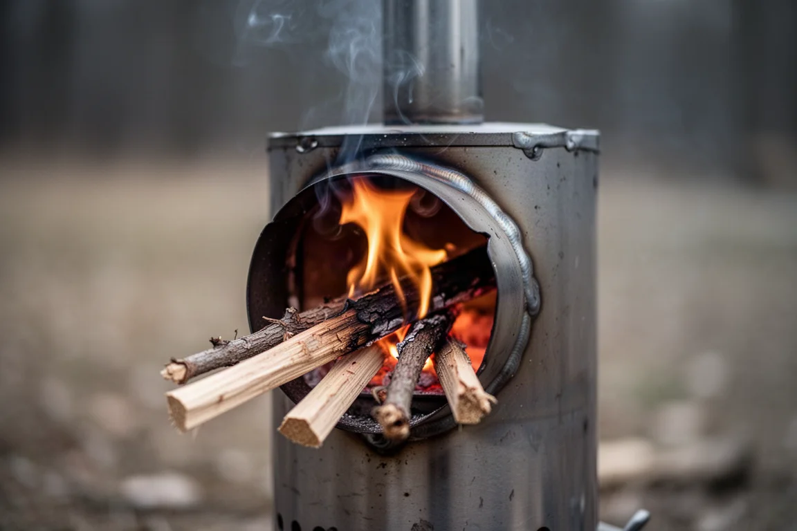 Kindling burning inside the feeding chamber of a cylindrical rocket stove