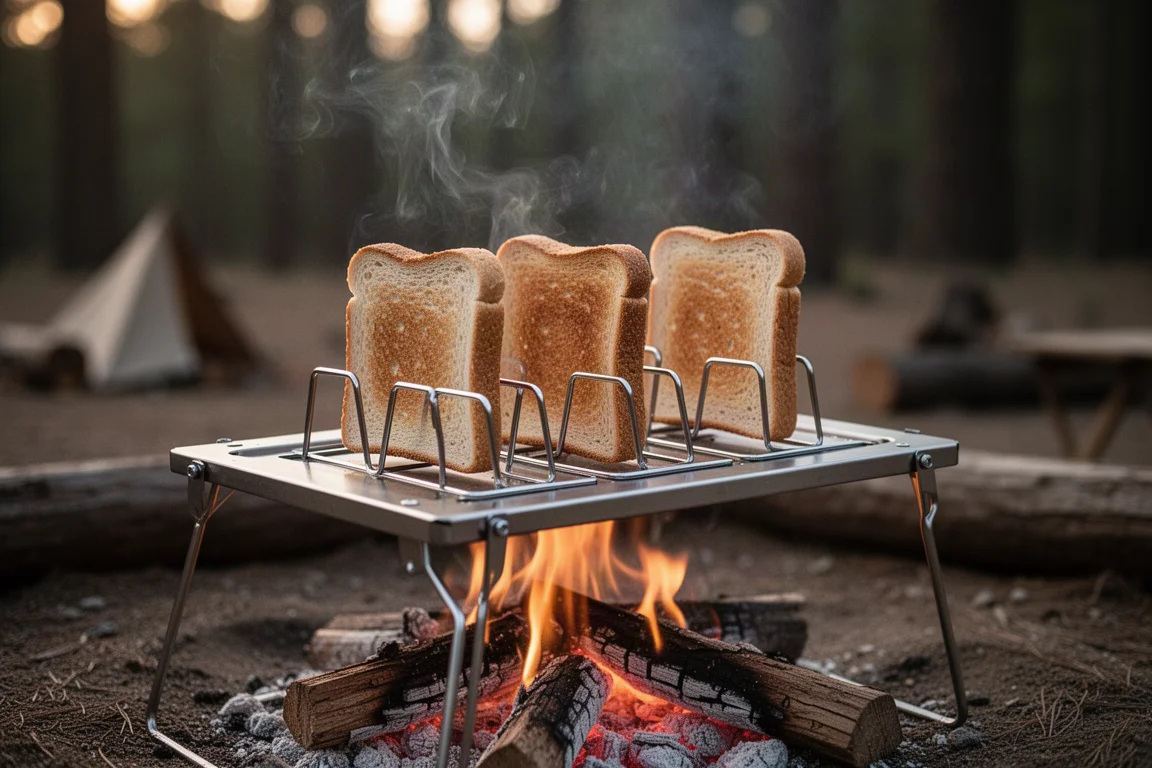 Bread slices resting on a folding stainless steel camping toaster over open flame
