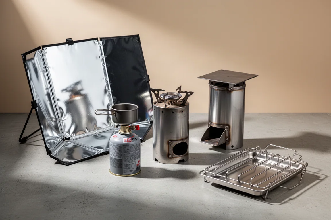 Four outdoor cooking gadgets arranged on a concrete surface including a solar cooker, compact stove, rocket stove and folding toaster