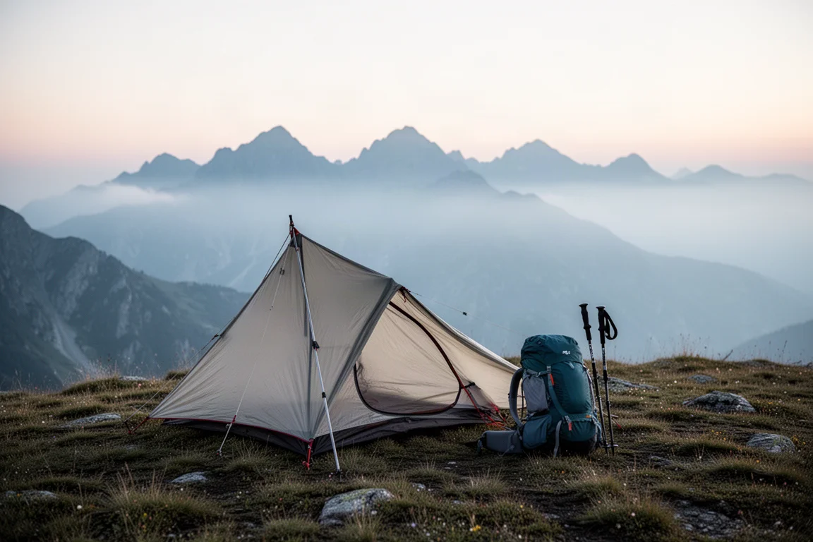 Acampamento de mochilão leve ao amanhecer numa crista de montanha com barraca de bastão de trekking baixa
