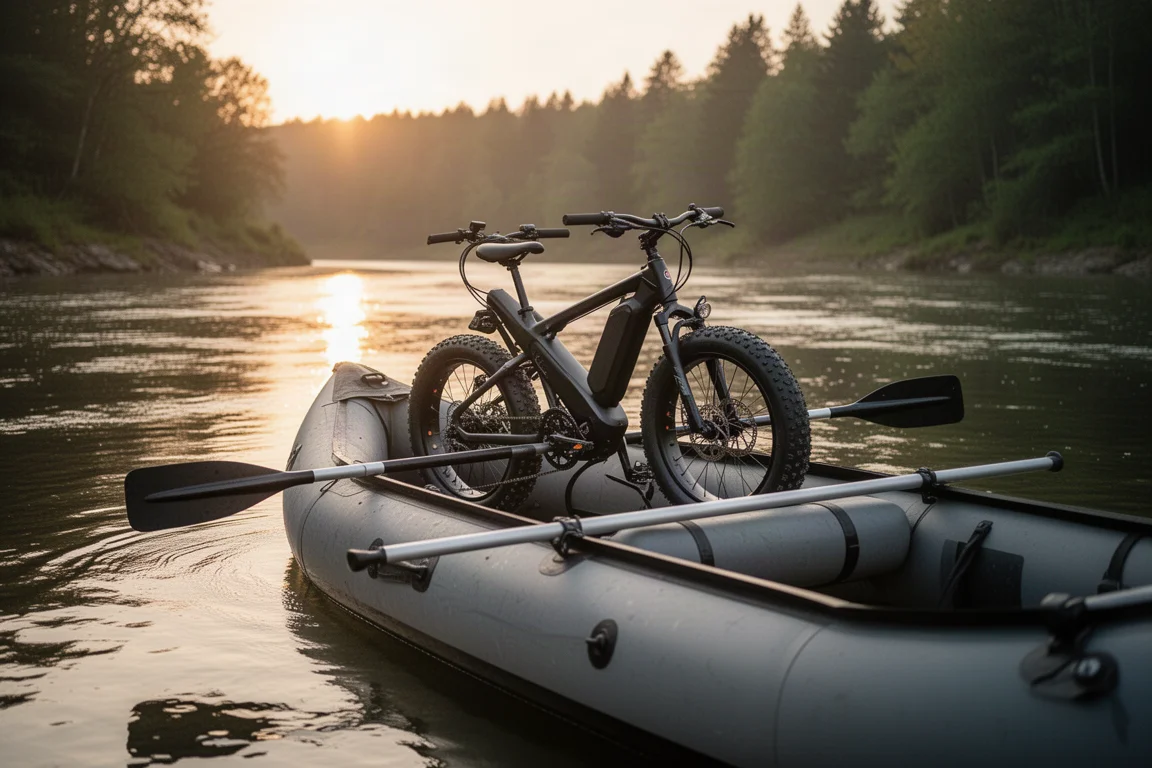 Fat bike elétrica dobrável guardada numa canoa inflável em rio calmo na hora dourada