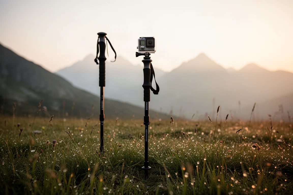 Action camera pequena montada num bastão de trekking fincado em prado alpino ao nascer do sol