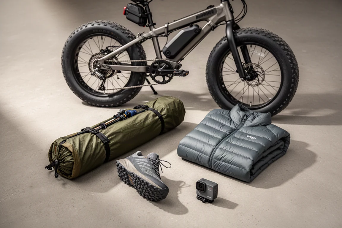 Ultralight tent, folding e-bike, down jacket, trail shoe and action camera arranged on concrete