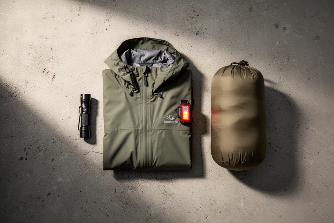 Draufsicht auf eine Taschenlampe, eine gefaltete Shell-Jacke, eine Clip-Leuchte und einen gepackten Schlafsack auf Beton