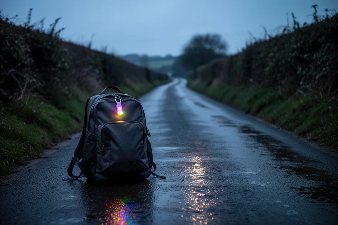 Rucksack mit leuchtender Clip-Sicherheitsleuchte auf einem nassen Feldweg in der Dämmerung