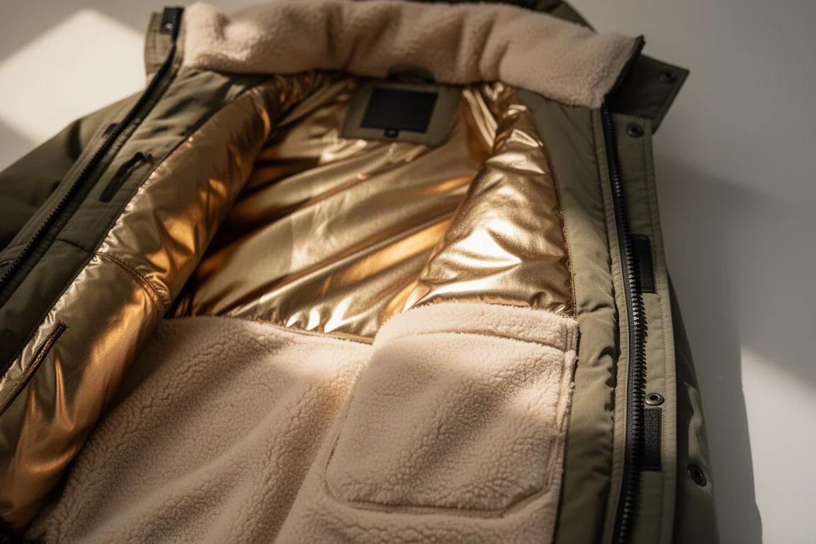 Geöffnete Winterjacke mit goldenem reflektierendem Futter und fleecegefütterter Tasche
