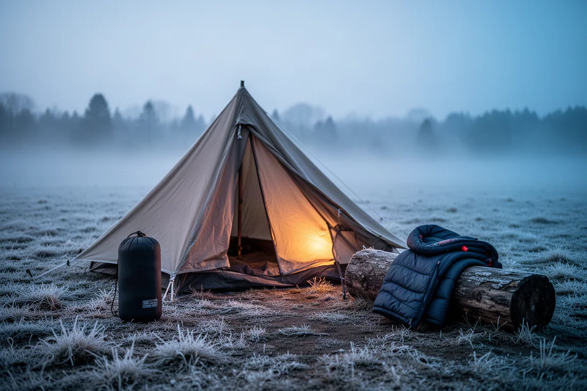 Winterlager in der blauen Stunde mit leuchtendem Zelt, gepacktem Schlafsack und gefalteter Jacke auf einem Baumstamm