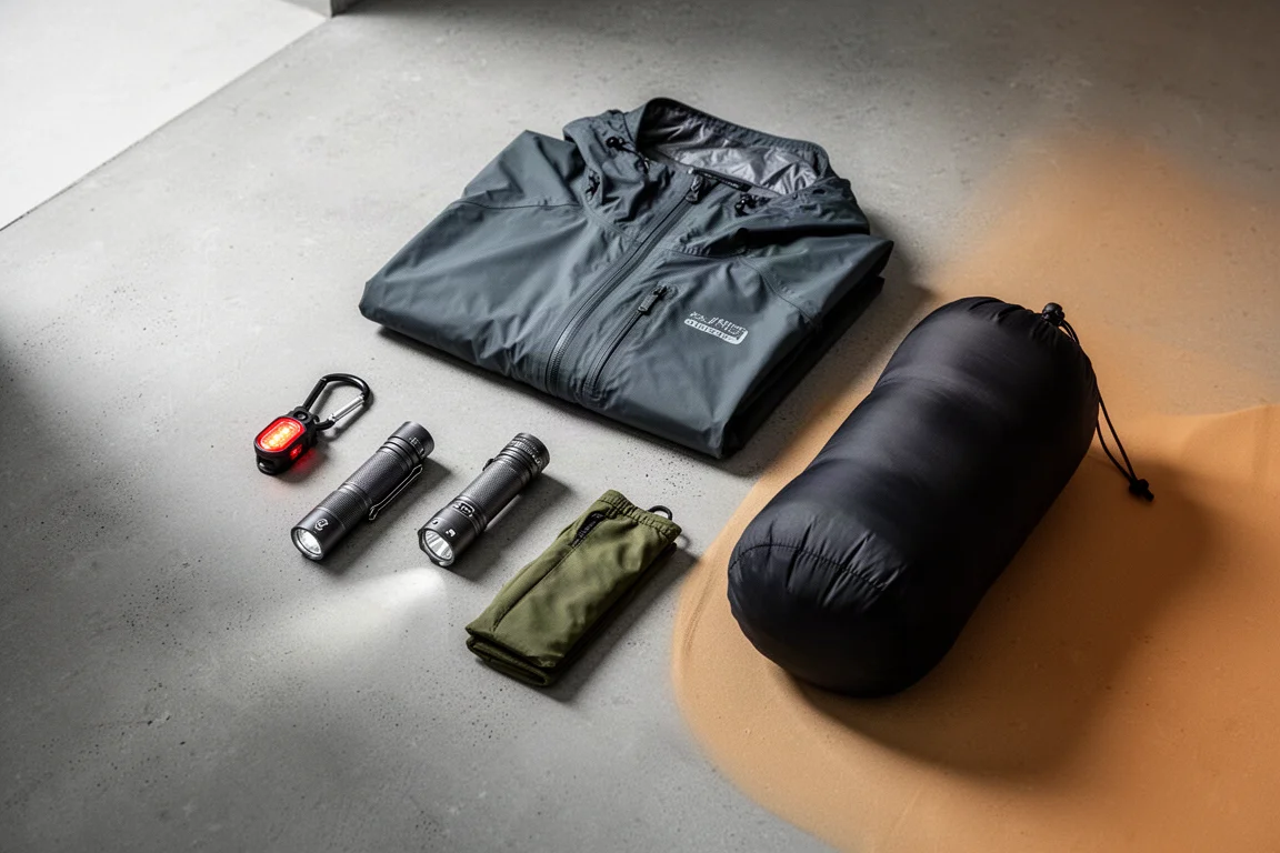 Olight 照明燈具、Columbia 外套與羽絨睡袋陳列於混凝土上