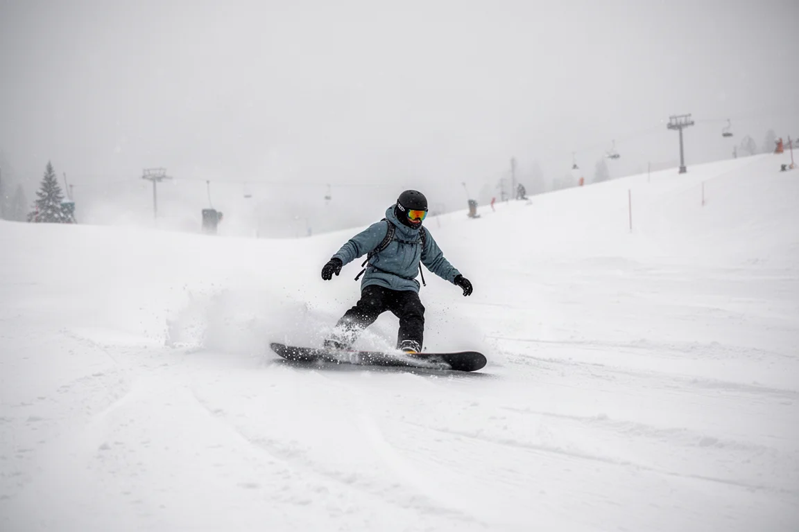 Snowboarder fährt bei weichem Tageslicht mit Brille durch frischen Schnee
