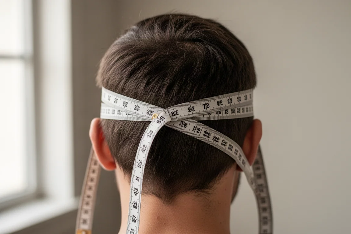 Weiches Maßband wird um den Kopf gelegt, um die Helmgröße zu messen