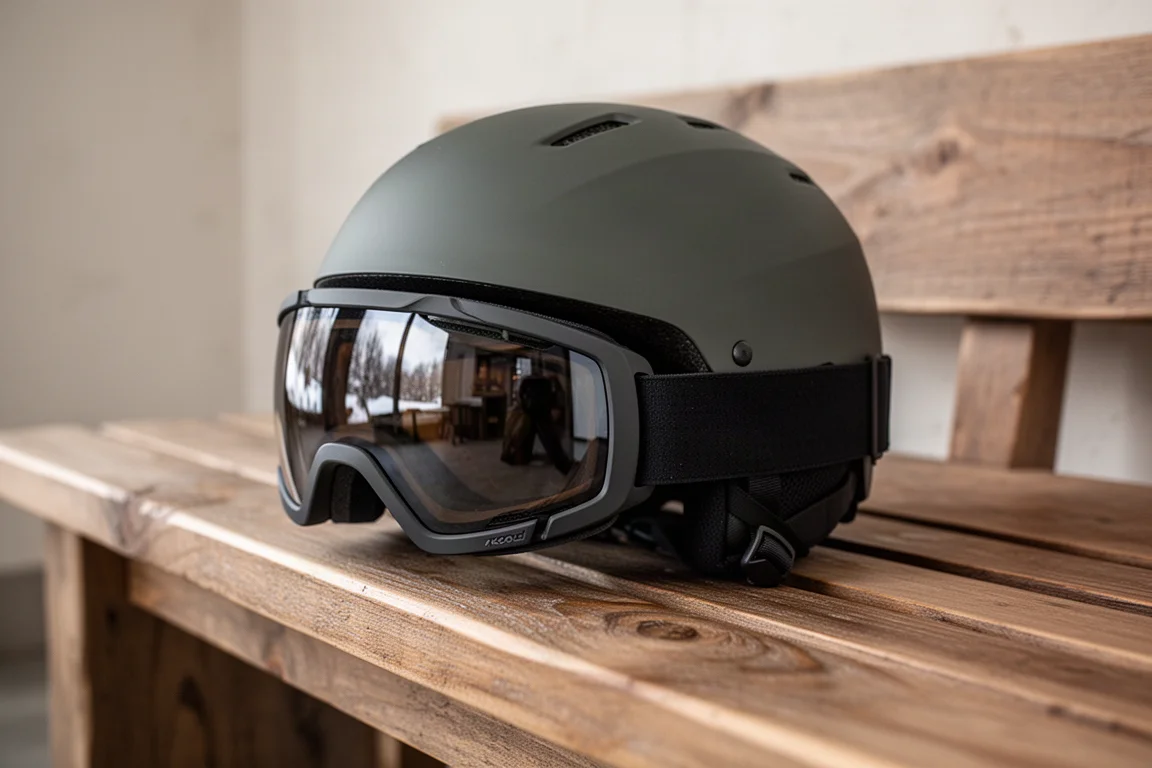 Snowboardbrille liegt am Rand eines matten Helms und zeigt einen nahtlosen Sitz