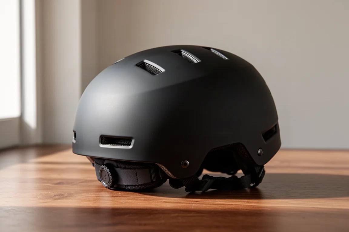 Capacete de snowboard preto fosco de perfil baixo sobre uma superfície de madeira escovada