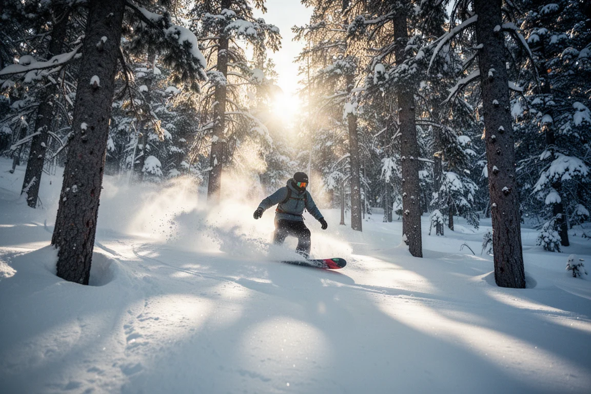 Snowboarder fährt zwischen Bäumen, wo sich das Licht zwischen Sonne und Schatten abwechselt