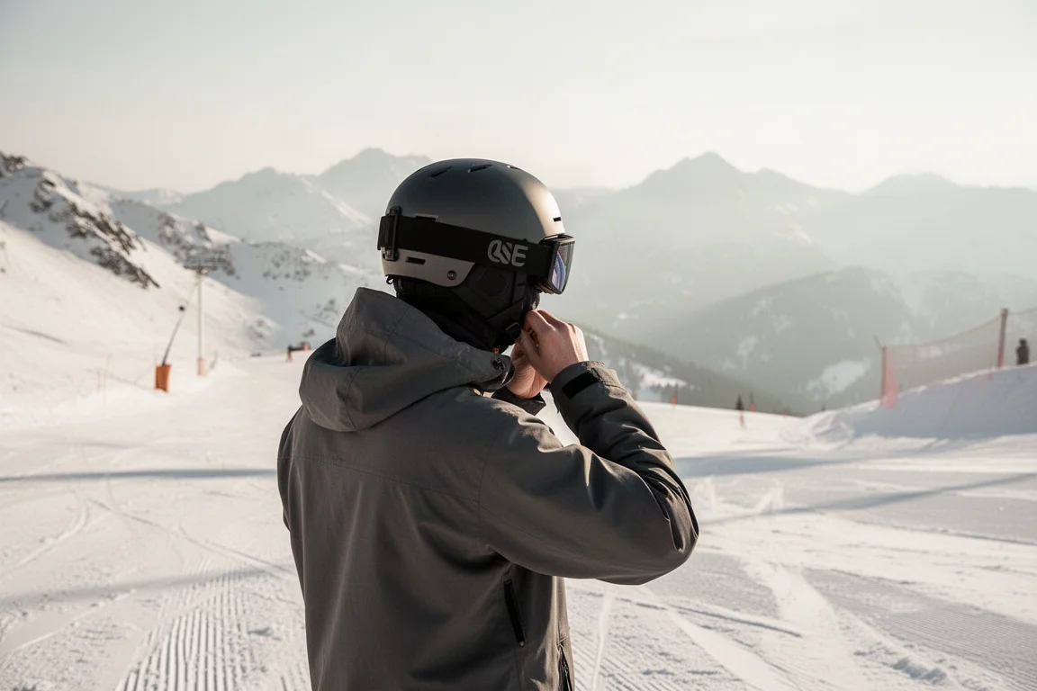 Snowboarder adjusting goggles on a sunny mountain slope
