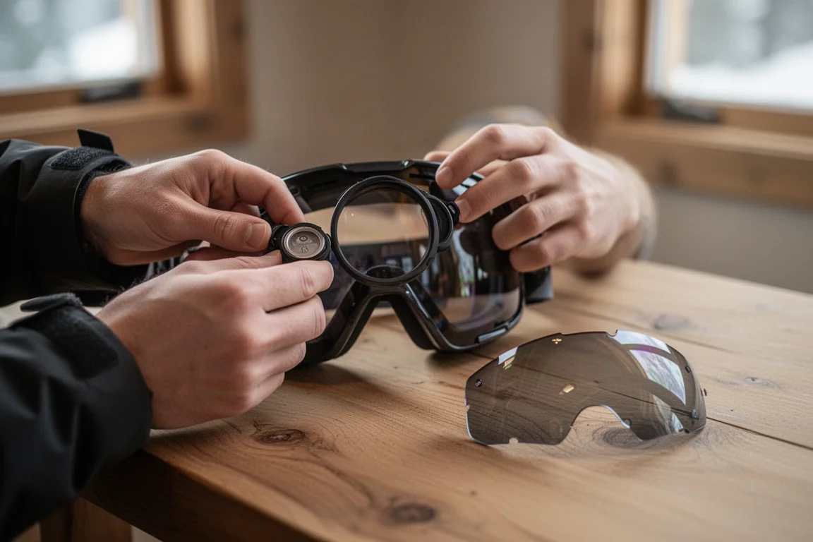 Goggle lens swap being performed at a mountain rest stop