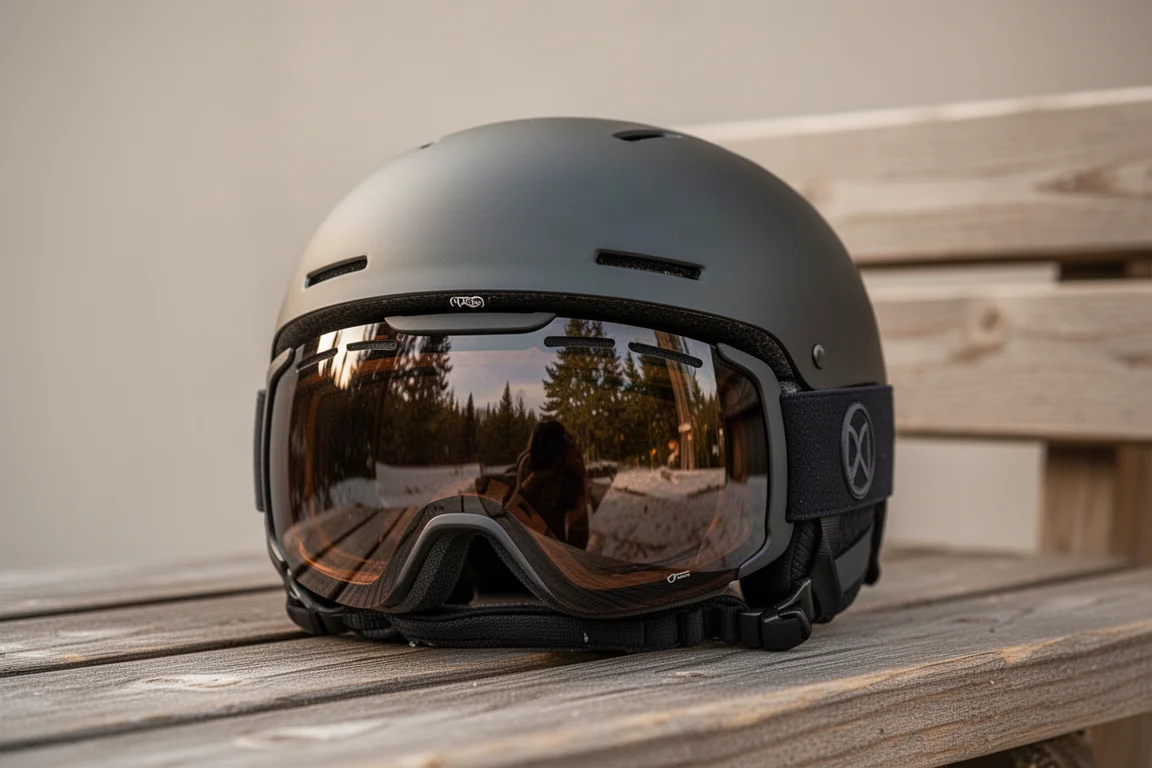 Goggle and helmet combo fitted together on a lodge bench