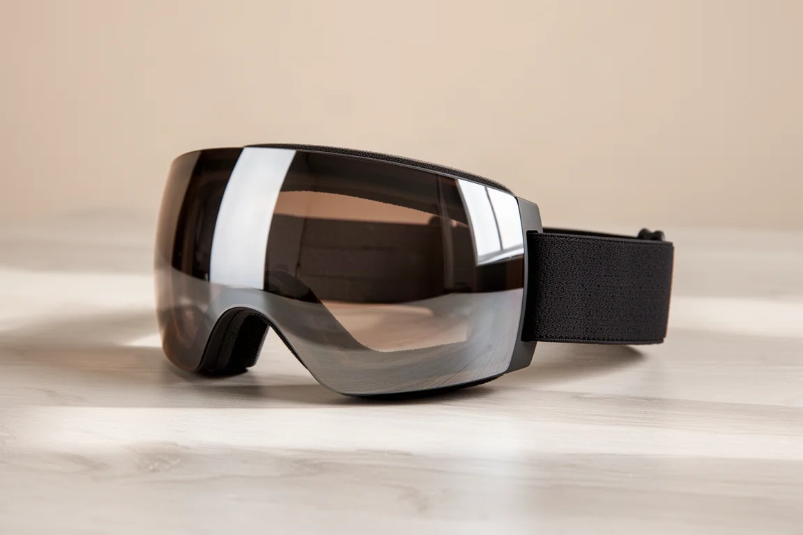 Frameless snowboard goggle with cylindrical lens on a wood surface