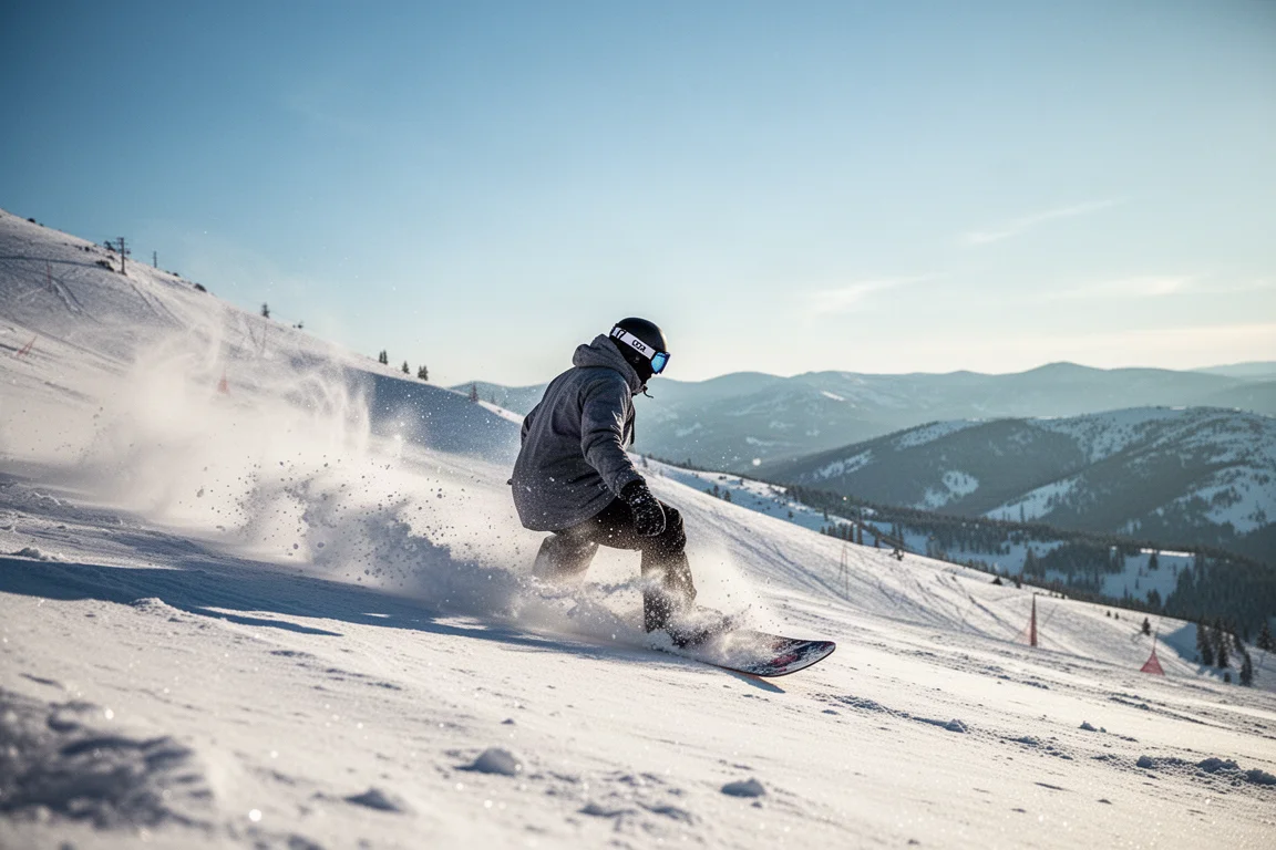 Snowboarder fährt durch Pulverschnee an einem sonnigen Berghang
