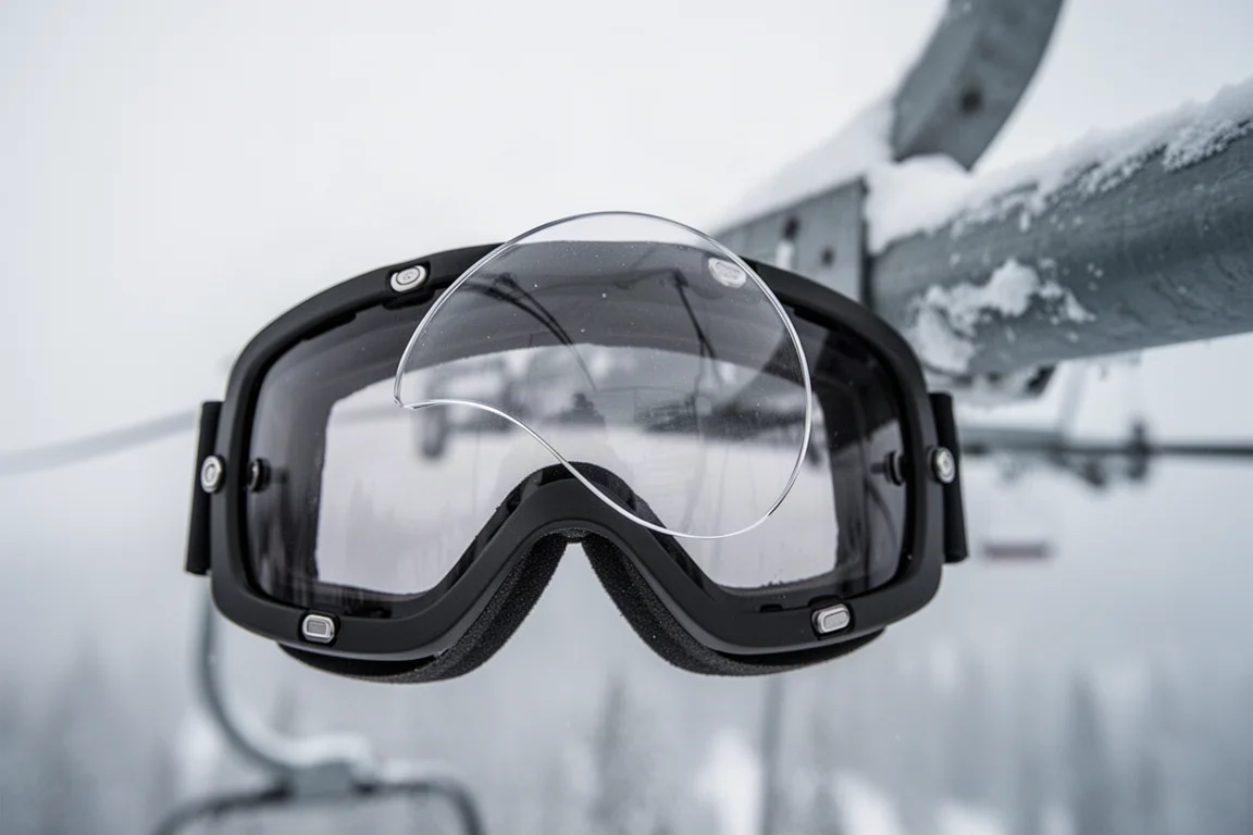 Nahaufnahme eines Goggle-Glases, das mit einem Magnetsystem gewechselt wird
