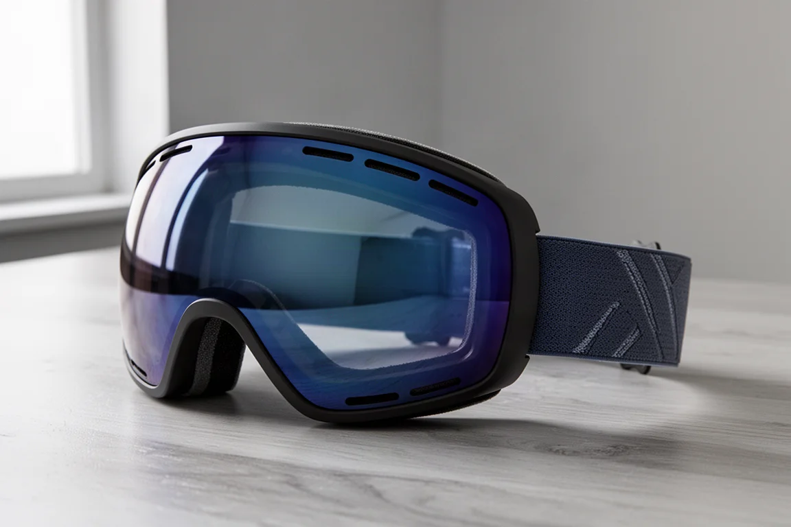 Snowboard-Goggles mit blau verspiegeltem Glas auf einer hellen Holzoberfläche