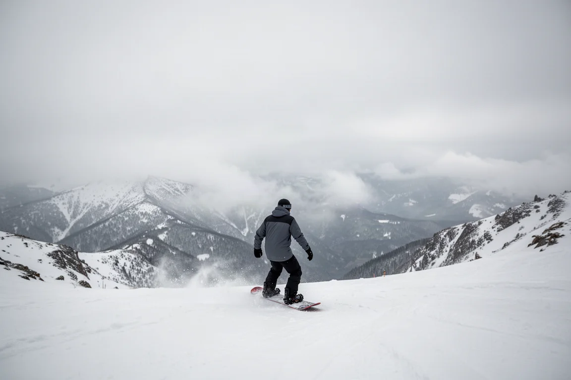 Snowboarder avanzando con luz plana y cielo cubierto en una ladera helada