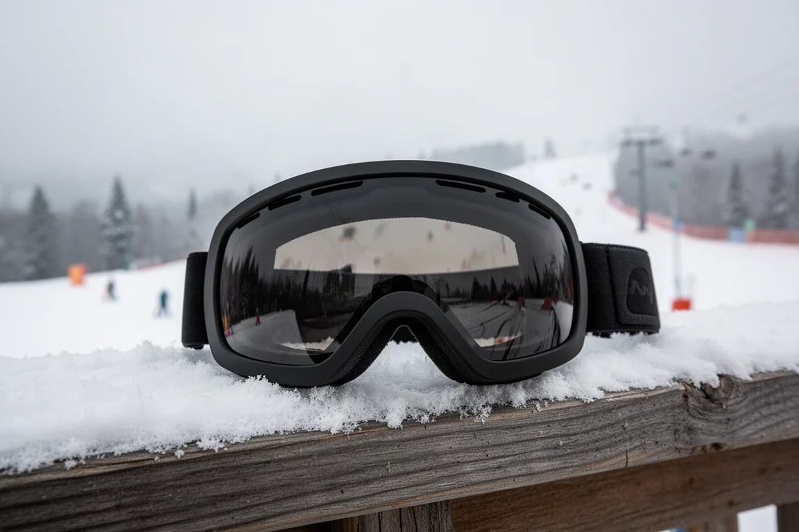 Gafas apoyadas en un borde nevado con una estación de esquí gris y nublada al fondo