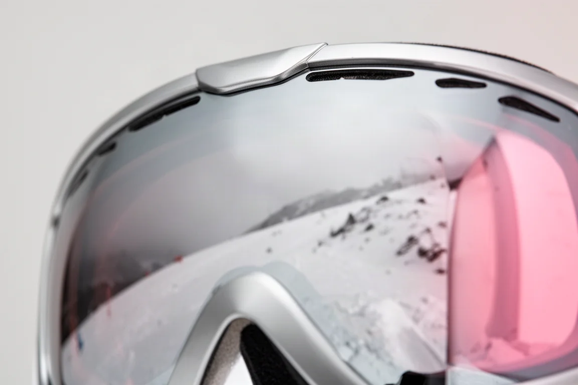 Primer plano de una lente de gafas plateada espejada que refleja terreno nevado