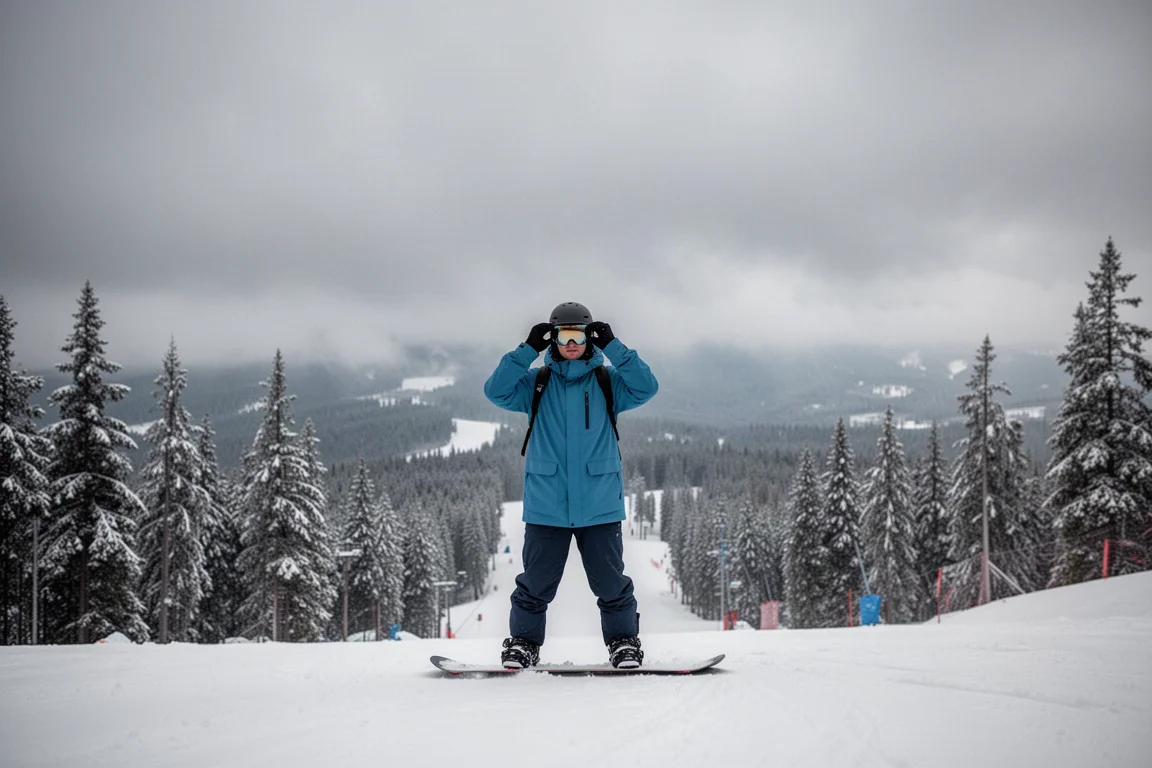 Snowboarder ajustándose las gafas antes de bajar por una pista en un día nublado