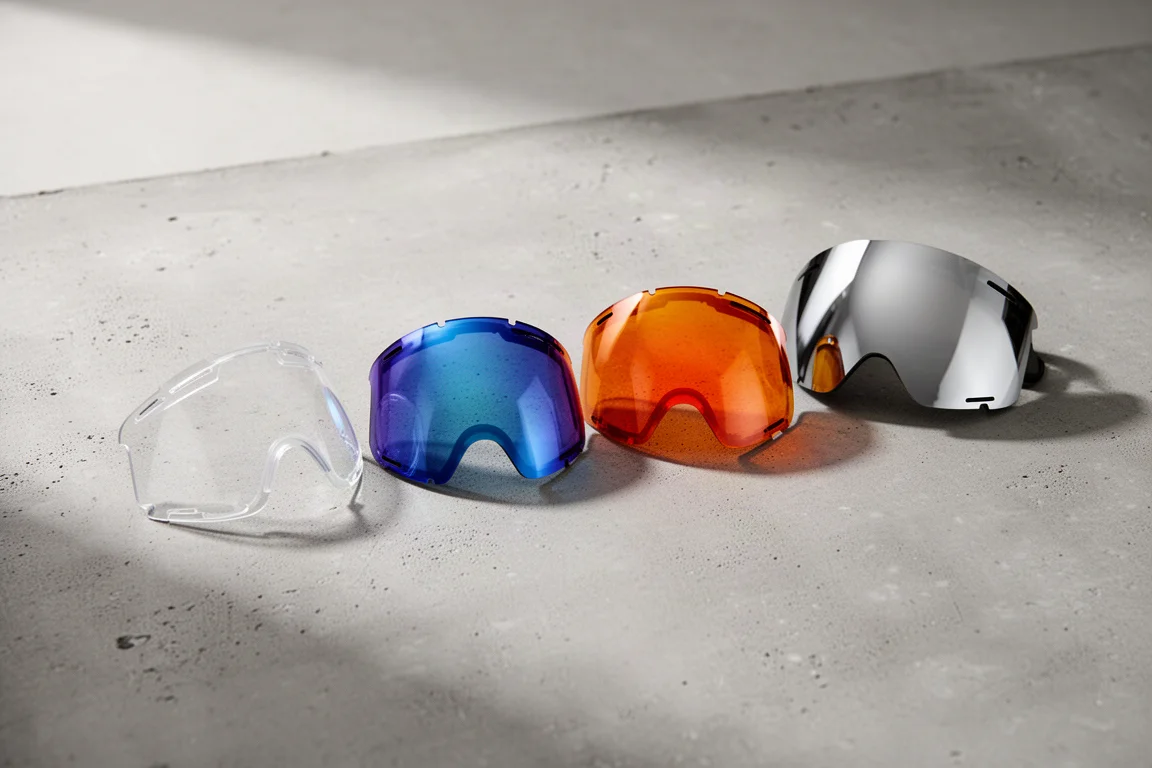 Four snow goggle lenses in clear, blue, orange and silver finishes arranged on a concrete surface