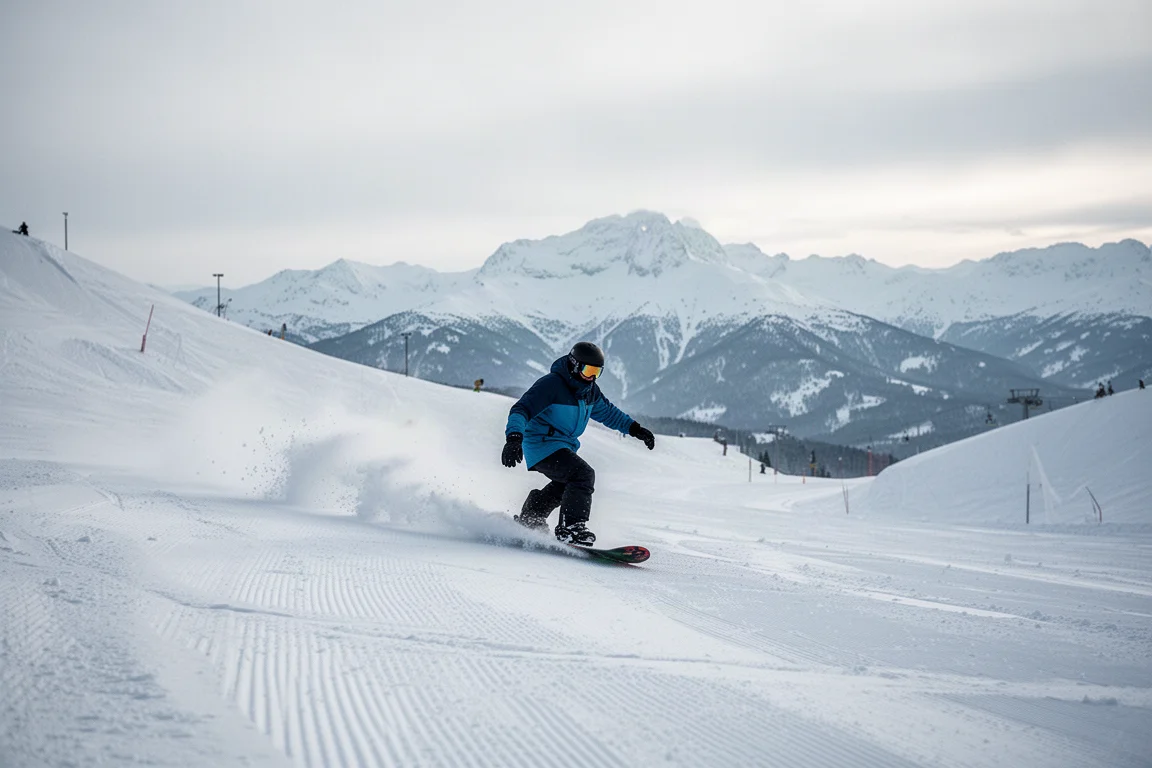 Snowboarder riding through fresh snow with mountain slopes in the background