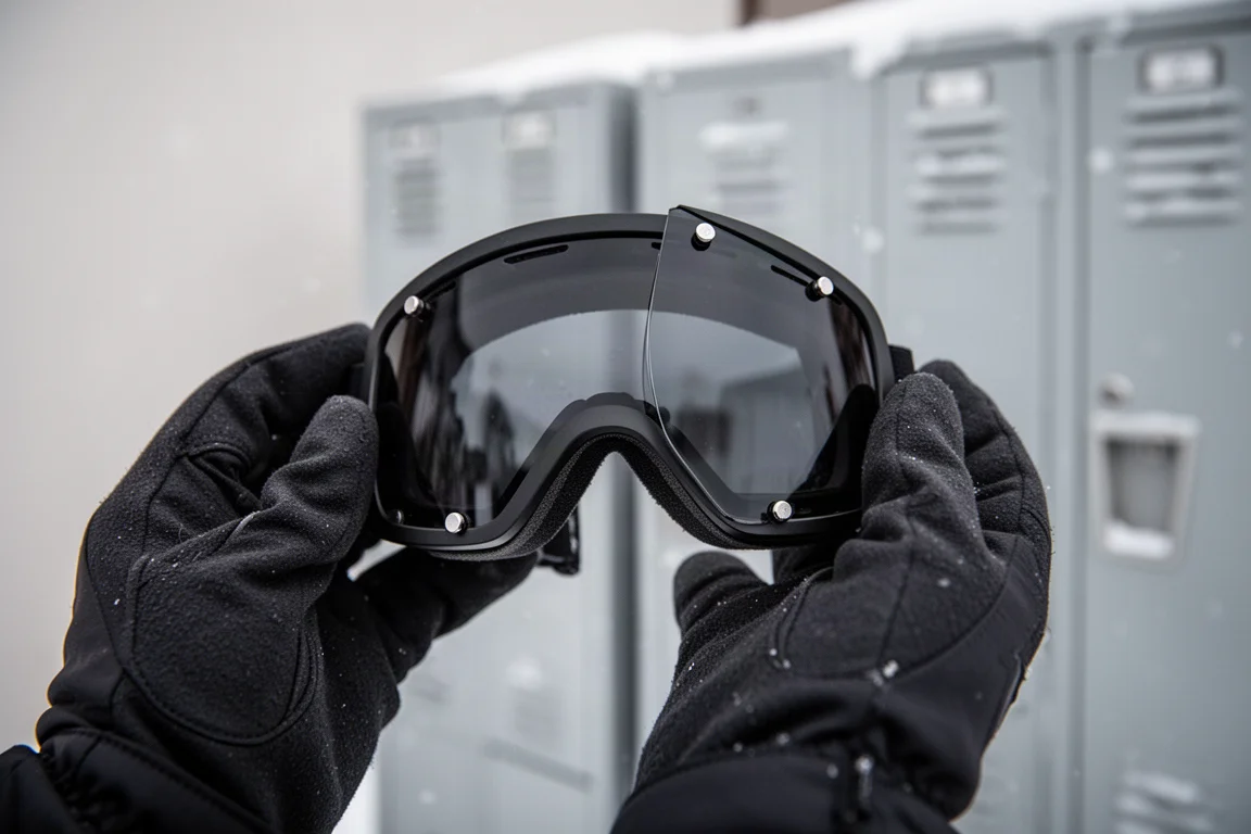 Close-up of hands swapping a magnetic goggle lens in cold conditions