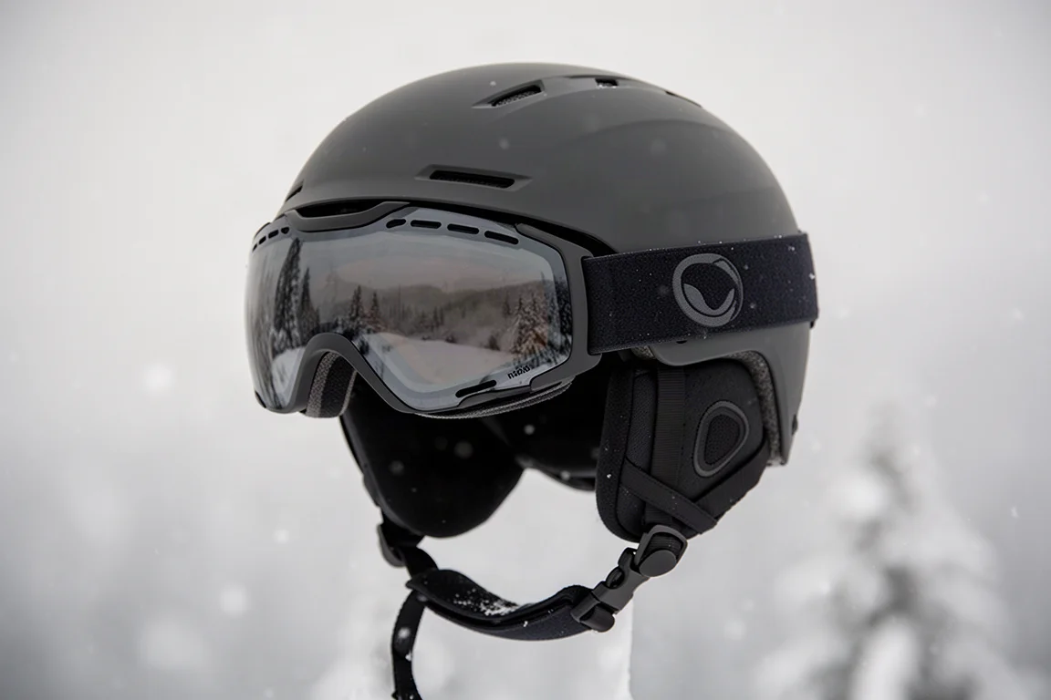 Goggles resting on a ski helmet brim showing seamless helmet fit