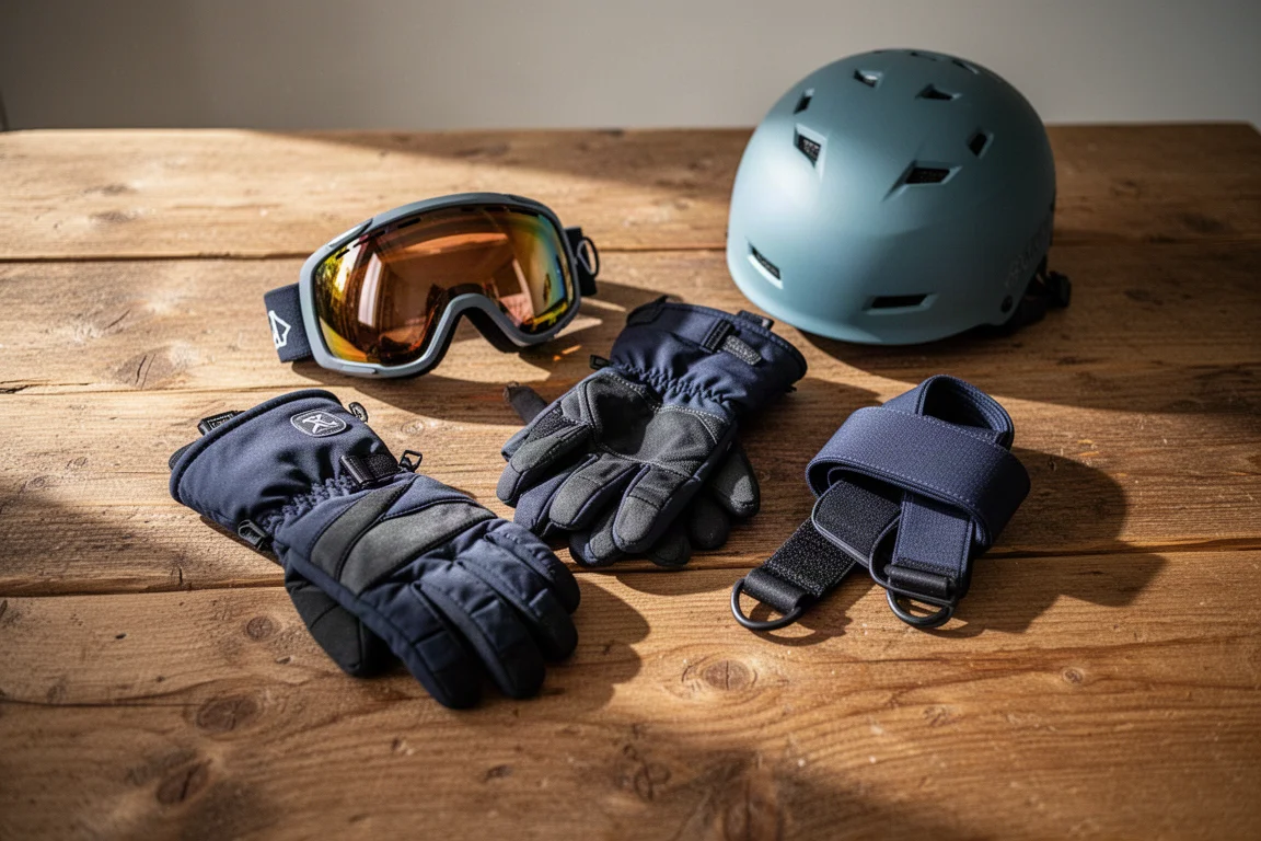 Flat-lay of snow gear arranged on a cabin table before a day on the mountain