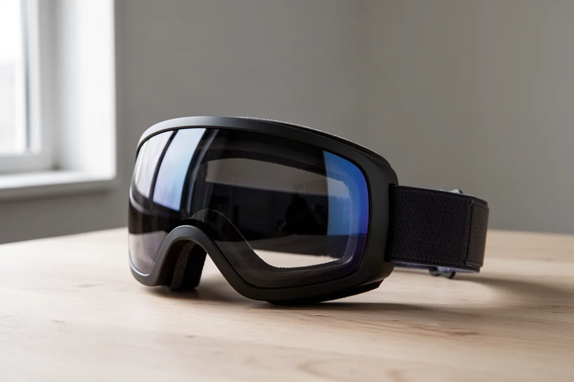 Snowboard goggles with matte black frame and curved lens on a wooden surface