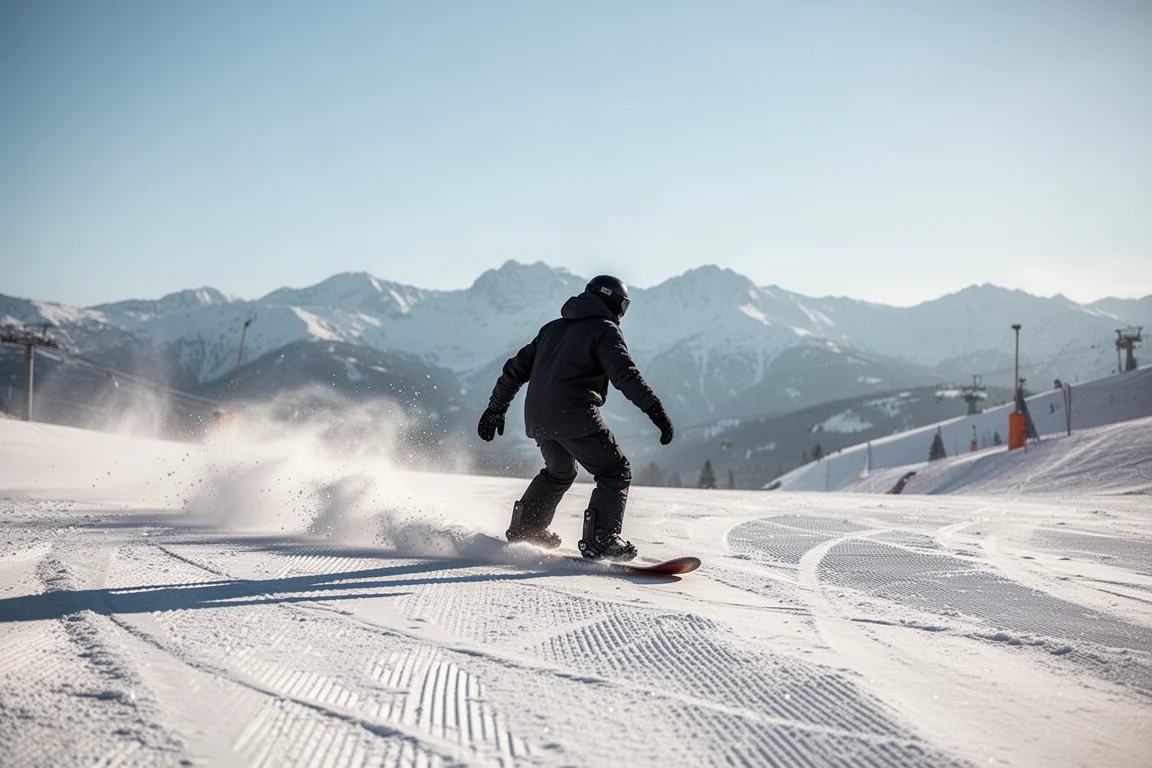 Snowboarder trazando curvas en una pista soleada con gafas de snowboard