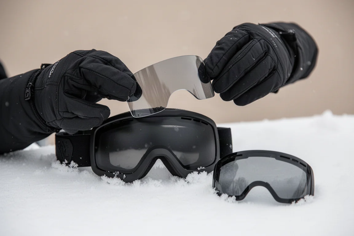 Primer plano de una lente de gafas cambiada a mano sobre la nieve