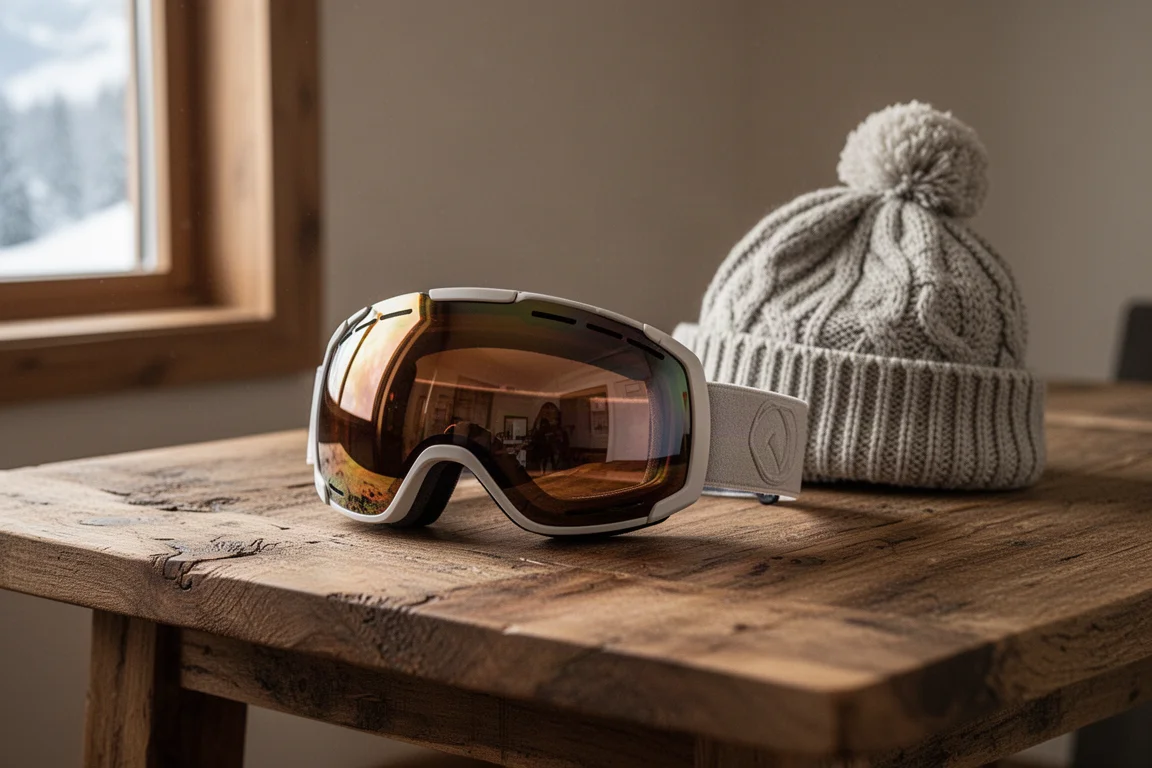 Gafas de snowboard apoyadas en una mesa de madera junto a forfaits