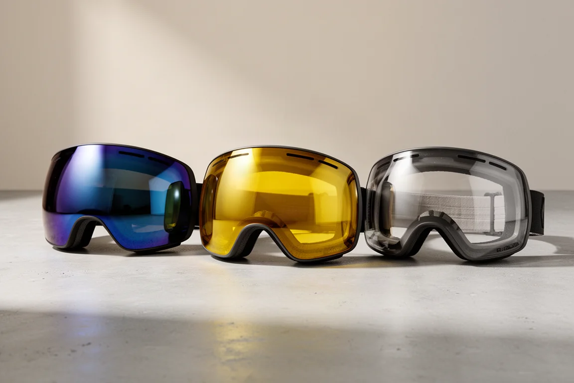 Three snowboard goggles with different lens tints arranged on a concrete surface