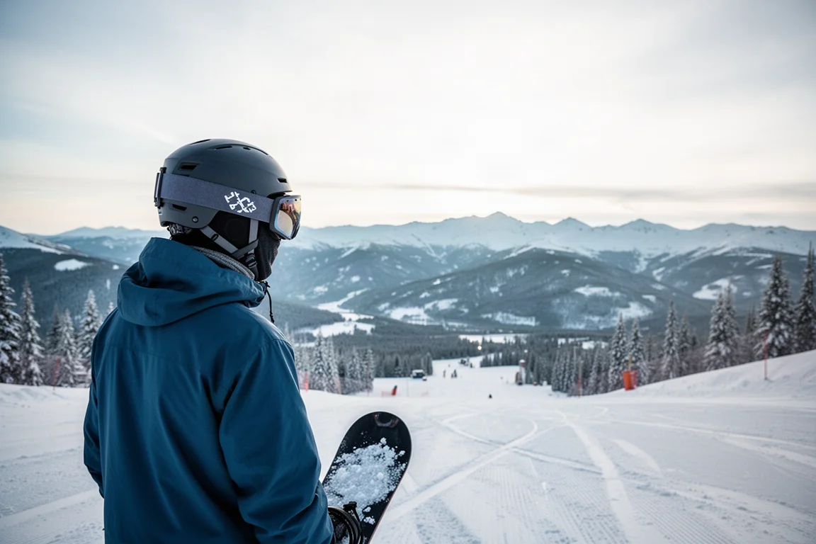 Snowboarder con maschera su una pista di montagna soleggiata con ampia visibilità