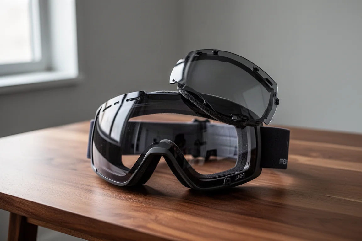 Mani che cambiano la lente su una maschera da snowboard senza telaio