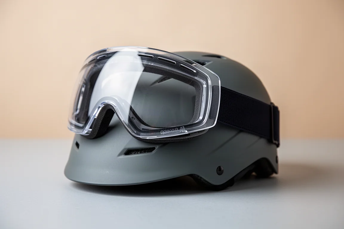 Maschera da snowboard media con lente chiara appoggiata su un casco