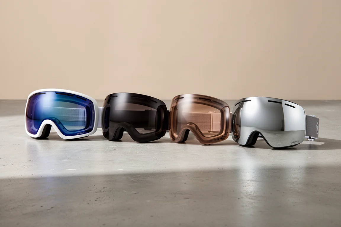 Four snowboard goggles with different lenses arranged in a row on concrete