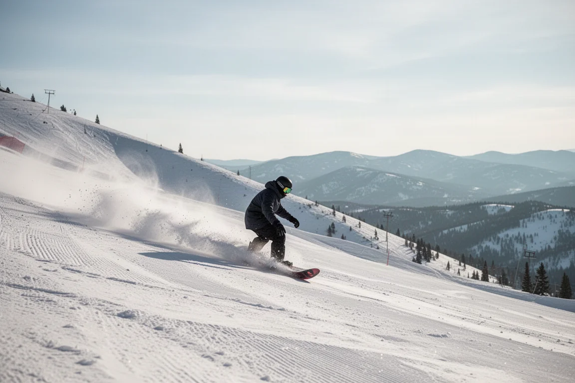 Snowboardista descendo uma encosta de montanha com ampla visibilidade em dia claro