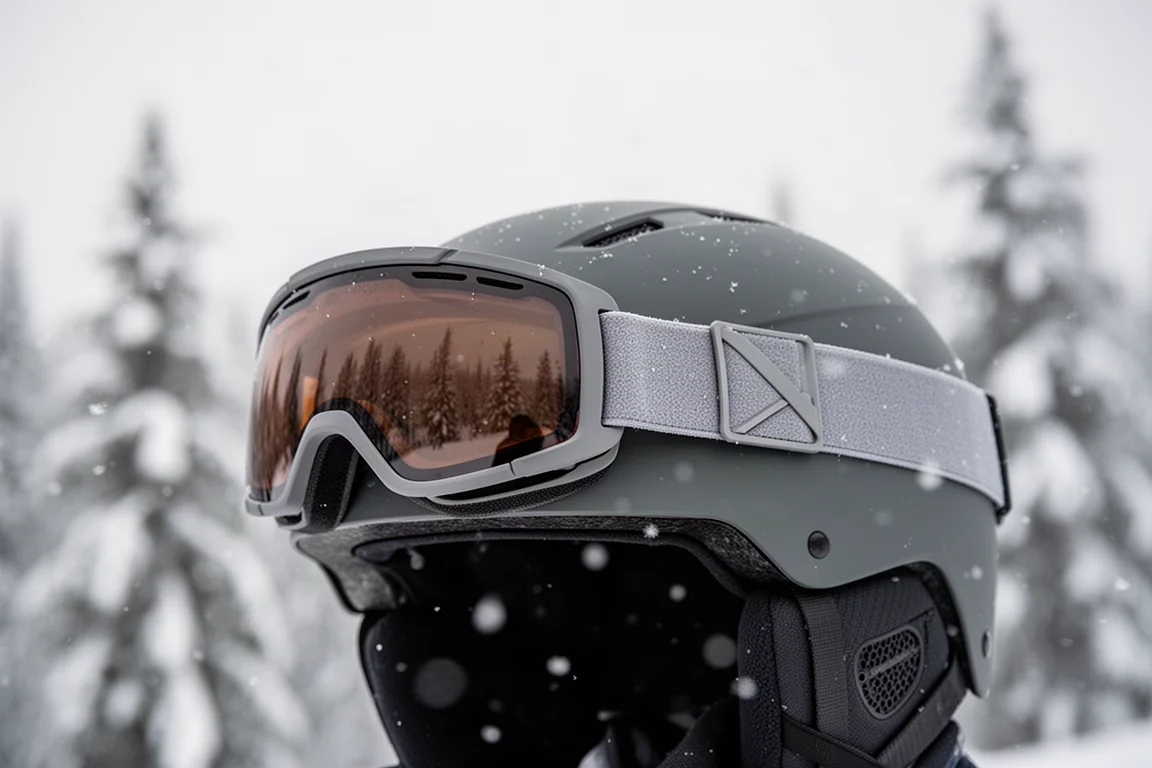 Máscara encostada perfeitamente na aba de um capacete de snowboard em condições de neve