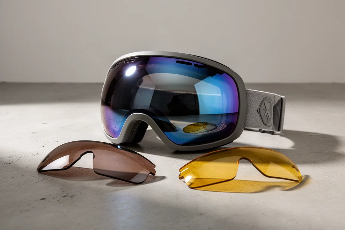 Máscara de snowboard Outdoor Master Ultra com duas lentes reserva sobre uma superfície de concreto