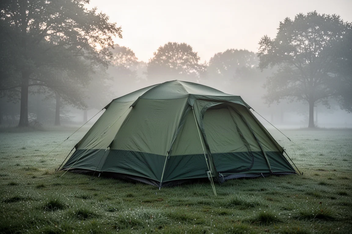 Amplia tienda tipo cabaña montada en un claro de césped en un camping con niebla suave matutina