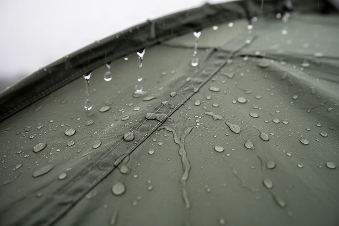 Primer plano de gotas de lluvia que se forman y resbalan sobre la tela verde tensa de la tienda