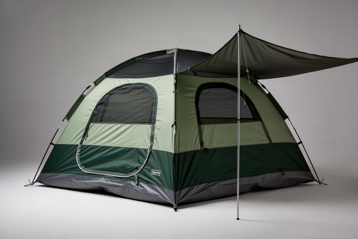 Large cabin-style camping tent with two-tone green fabric and a partial rainfly